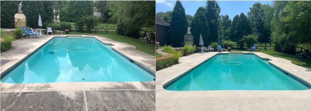 Before and after concrete pool deck pressure washing removing dirt and stains in Chester County PA