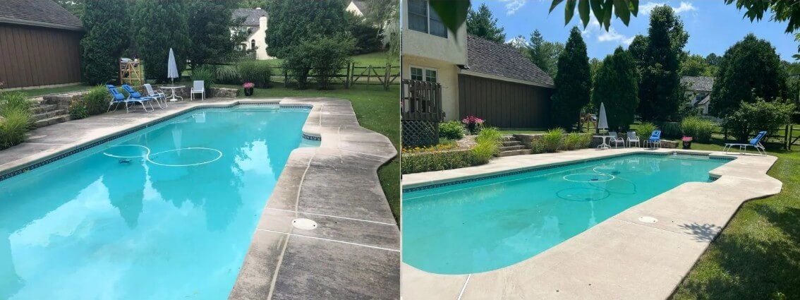 Before and after stamped concrete pool deck cleaning at a West Chester PA home