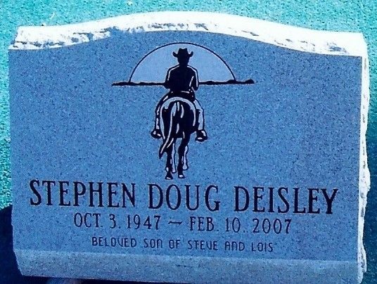 Blue memorial plaque for Stephen Doug Deisley, with a horse and rider silhouette above the name.