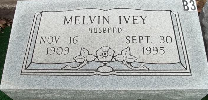 Gravestone for Melvin Ivey, with name and dates Nov. 16, 1909 and Sept. 30, 1995 engraved.