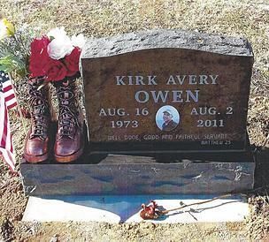 Memorial headstone with boots and flowers honoring Kirk Avery Owen, dated Aug. 16, 1973–Aug. 2, 2011