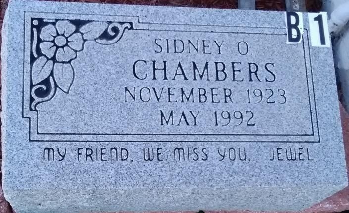 Headstone reading “Sidney O. Chambers, November 1923–May 1992,” with “My friend, we miss you. Jewel.”