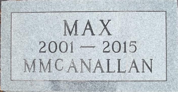 Gray memorial plaque reading “MAX 2001–2015 McANALLAN.”