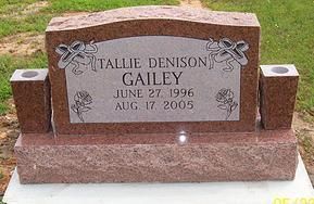 Pink granite memorial headstone engraved “Tallie Denison Galley,” with dates June 27, 1996 and Aug. 17, 2005