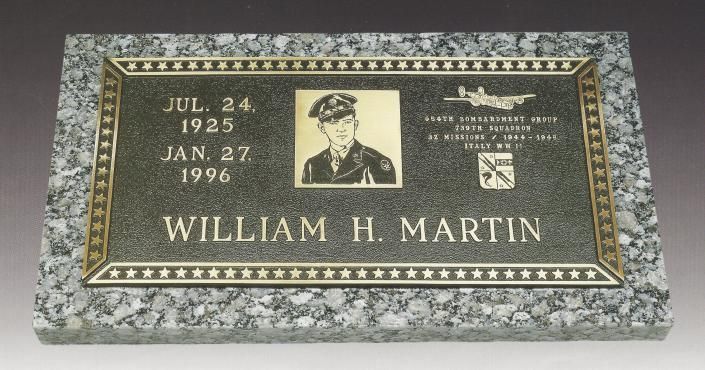 Black granite memorial plaque with gold lettering and portrait for William H. Martin, Jan. 27, 1925–Jul. 24, 1976