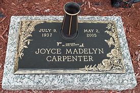 Gravestone plaque for Joyce Madelyn Carpenter with dates July 9, 1937 and May 2, 2003.