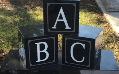 Black blocks labeled A, B, and C stacked outdoors on a wooden surface.