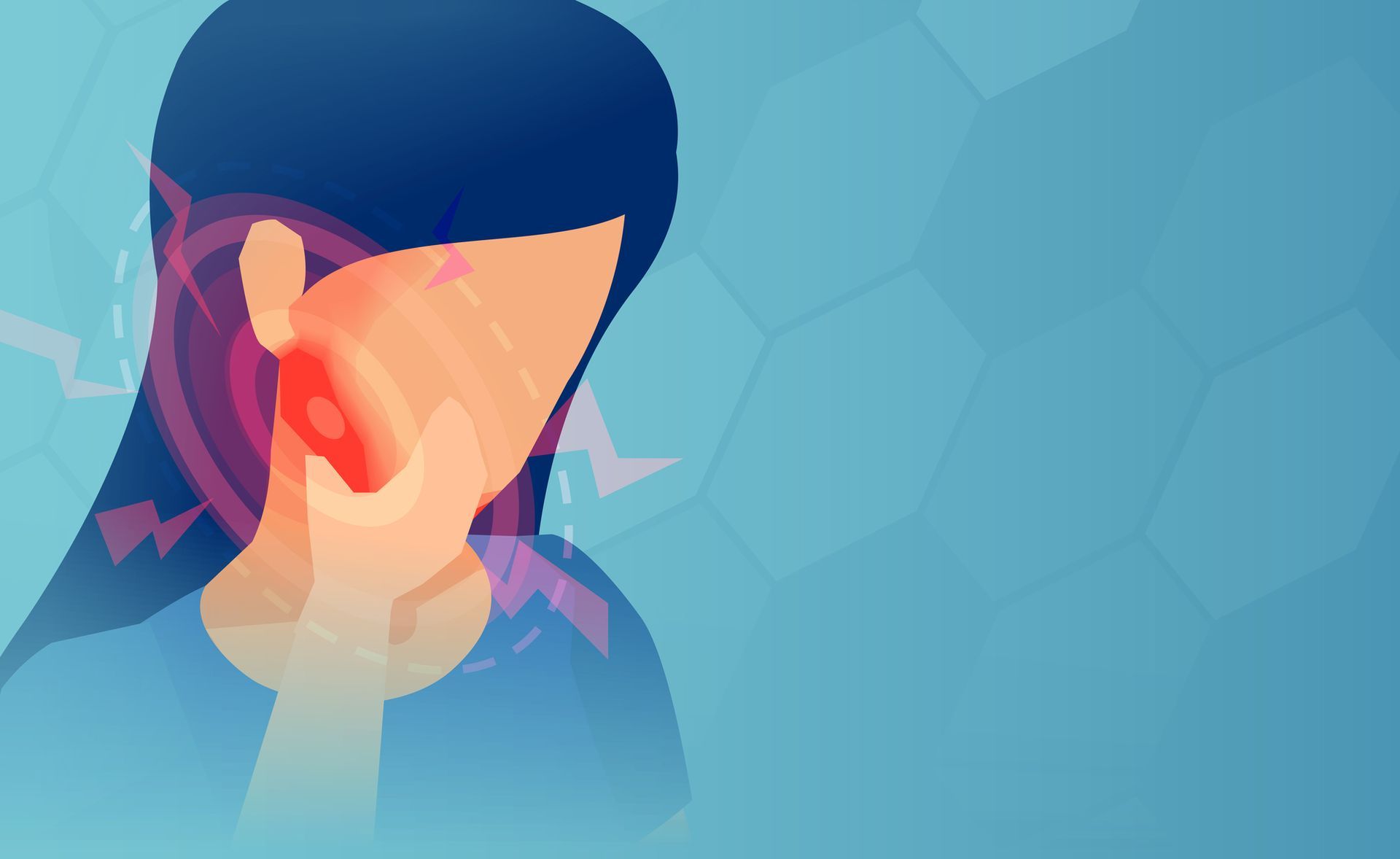 a woman is holding her jaw in pain .