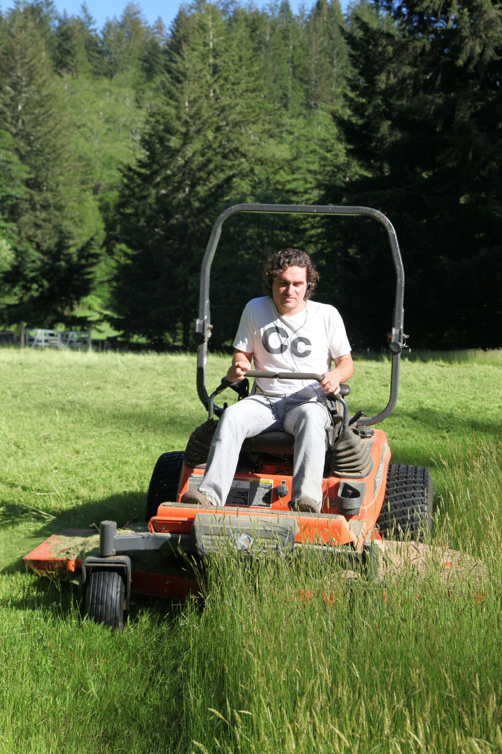 A field of grass with a large building in the background.