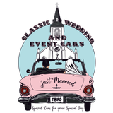 A pink convertible with a "Just Married" sign and a church illustration logo reads "Classic Wedding and Event Cars."