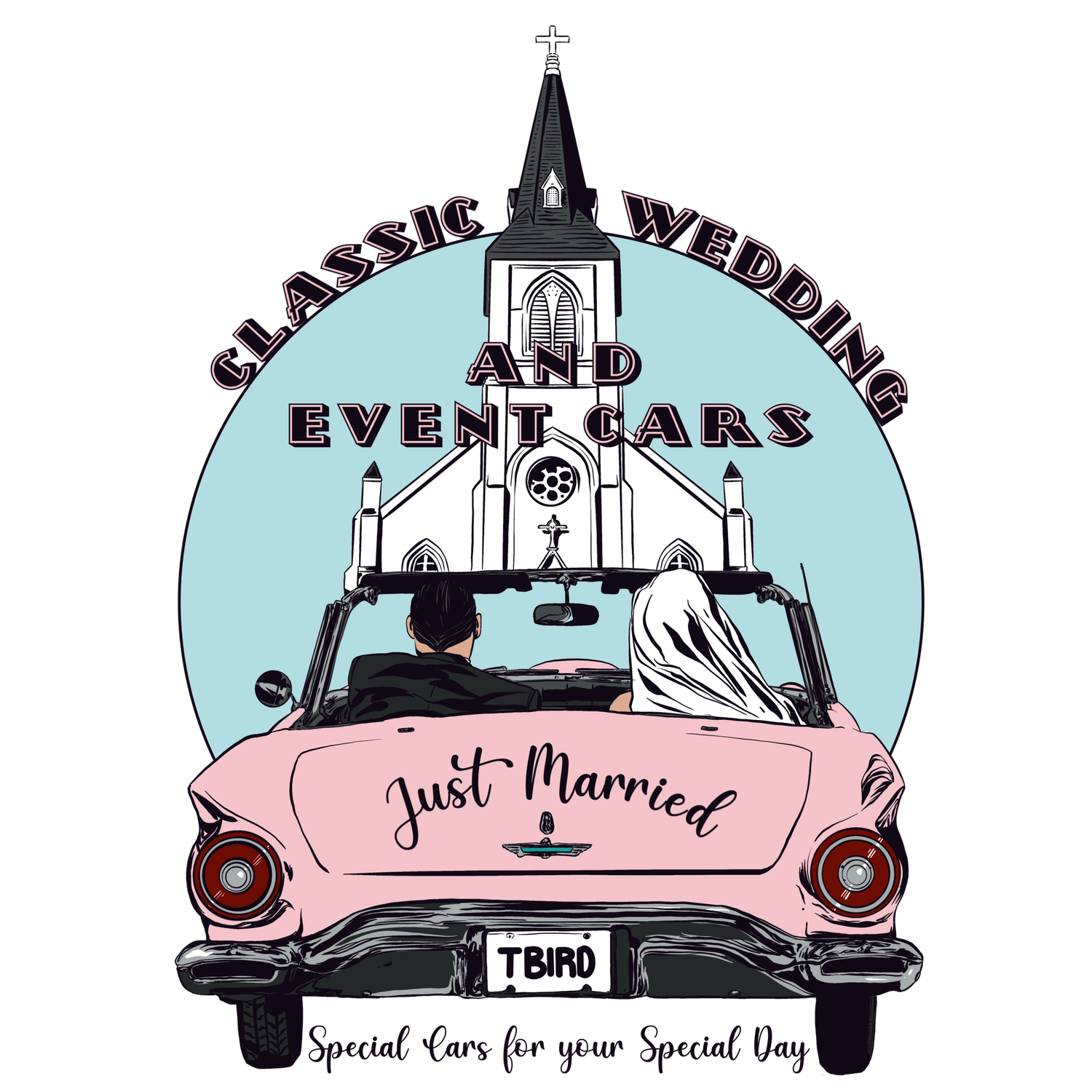 A pink convertible with a "Just Married" sign and a church illustration logo reads "Classic Wedding and Event Cars."