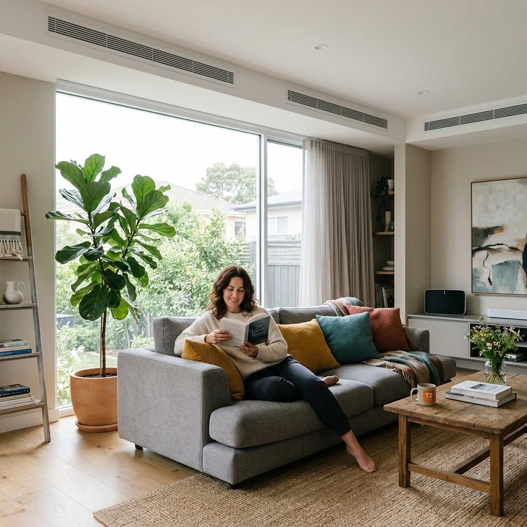 Person Sitting on a Gray Sofa Reading in a Bright Living Room With Large Windows and Plants — Alpine Refrigeration & Air Conditioning Pty Ltd in Fairy Meadow, NSW