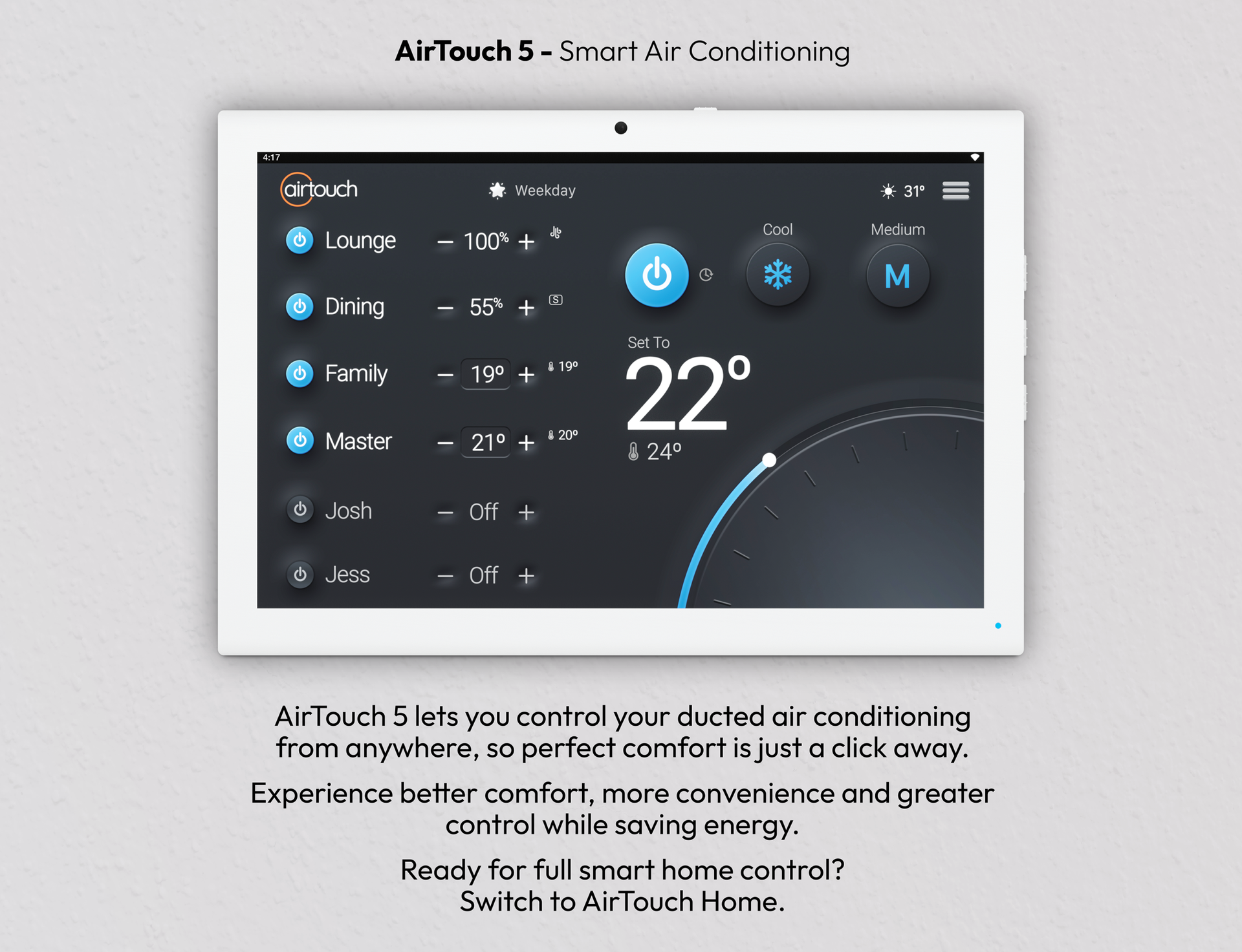 AirTouch 5 Smart Air-Conditioning Touchscreen Showing 22°c — Alpine Refrigeration & Air Conditioning Pty Ltd in Wollongong, NSW