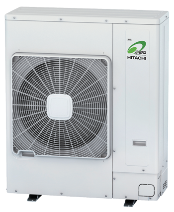 White Hitachi Outdoor Air Conditioner Unit with Large Front Fan Grille — Alpine Refrigeration & Air Conditioning Pty Ltd in Wollongong, NSW