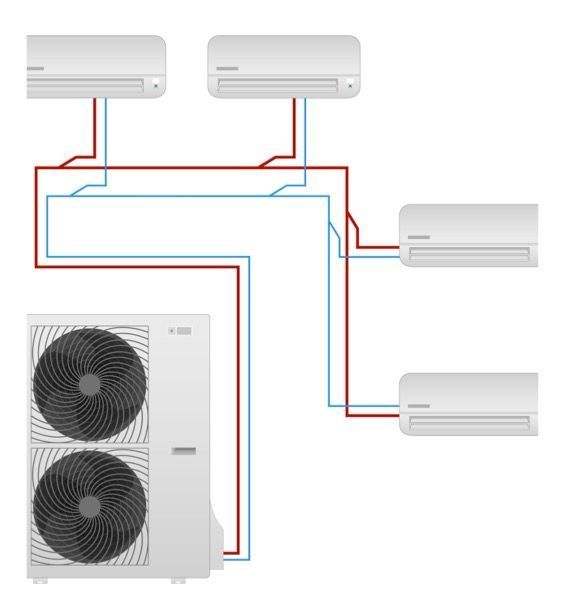 Diagram Of Four Wall AC Units Connected by Red and Blue Refrigerant Lines to a Dual-fan Outdoor Condenser — Alpine Refrigeration & Air Conditioning Pty Ltd in Wollongong, NSW