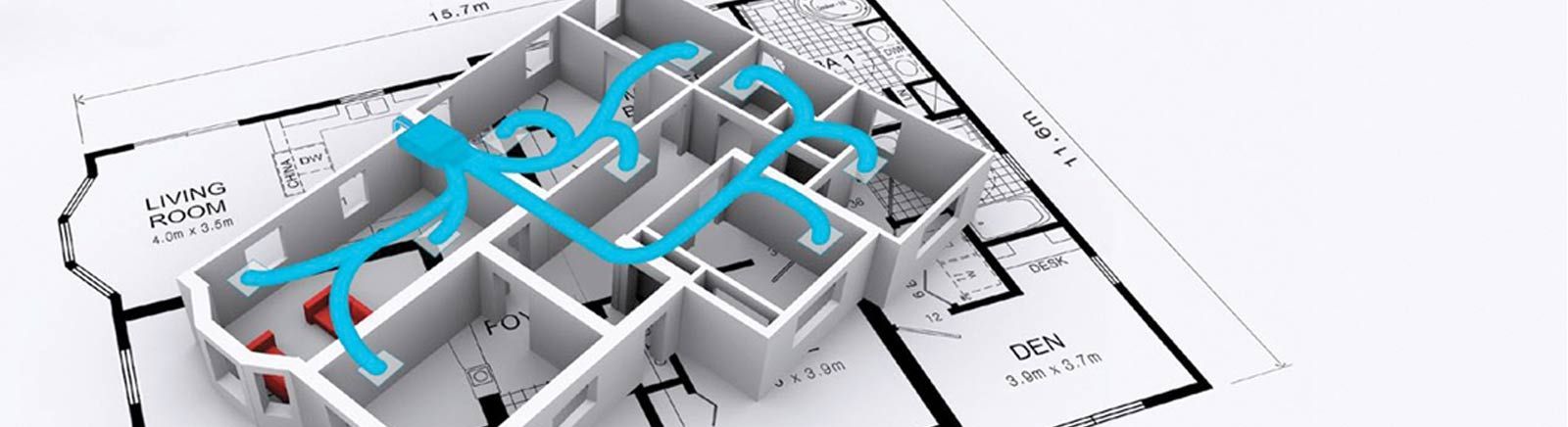 Blue Arrows Over a House Floor Plan — Alpine Refrigeration & Air Conditioning Pty Ltd in Wollongong, NSW
