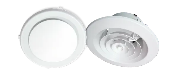 White round ceiling light fixture shown from front and angled side views. — Alpine Refrigeration & Air Conditioning Pty Ltd in Wollongong, NSW