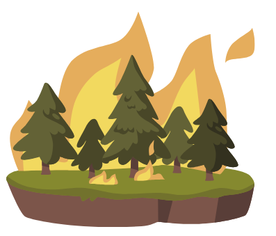 Stylized forest fire with flames behind pine trees on a grassy island
