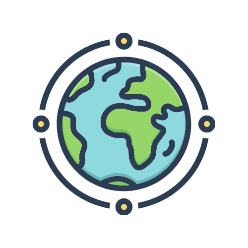 Stylized globe icon with blue oceans, green continents, and a dark circular orbit with four dots