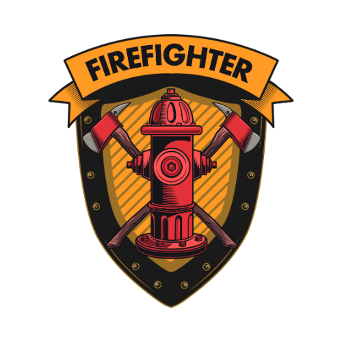 Firefighter emblem with red hydrant, crossed axes, and orange banner on a black shield