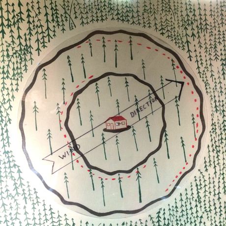 Hand-drawn map with concentric circles, arrows, trees, and a small house in the center