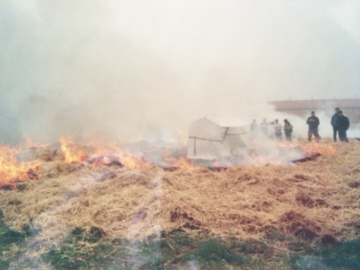 Dry grass fire with smoke and flames, firefighters and onlookers in the background