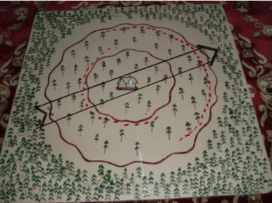 Handmade quilt with a central black line, red concentric outlines, and small green tree-like motifs on cream fabric