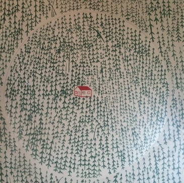Small red house amid a repeating pattern of tiny green trees on beige fabric