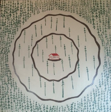 A small red house inside two concentric brown rings, surrounded by a sparse forest of thin trees on a beige background
