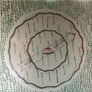 Hand-drawn map of a cabin in a forest clearing with concentric boundary circles and labeled paths