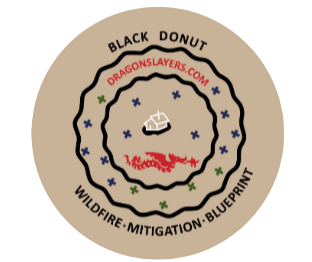 Black donut logo with text “DragonSlayers.com,” “Wildfire. Mitigation. Blueprint.”