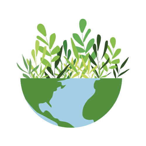 Illustration of a green Earth-shaped bowl with leafy plants growing from it, symbolizing sustainability
