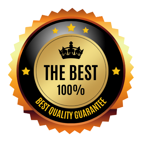 Gold and black quality guarantee badge with crown and text “THE BEST 100%”