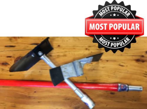 Red-handled broom and black dustpan crossed on a wooden floor, with a “Most Popular” badge.