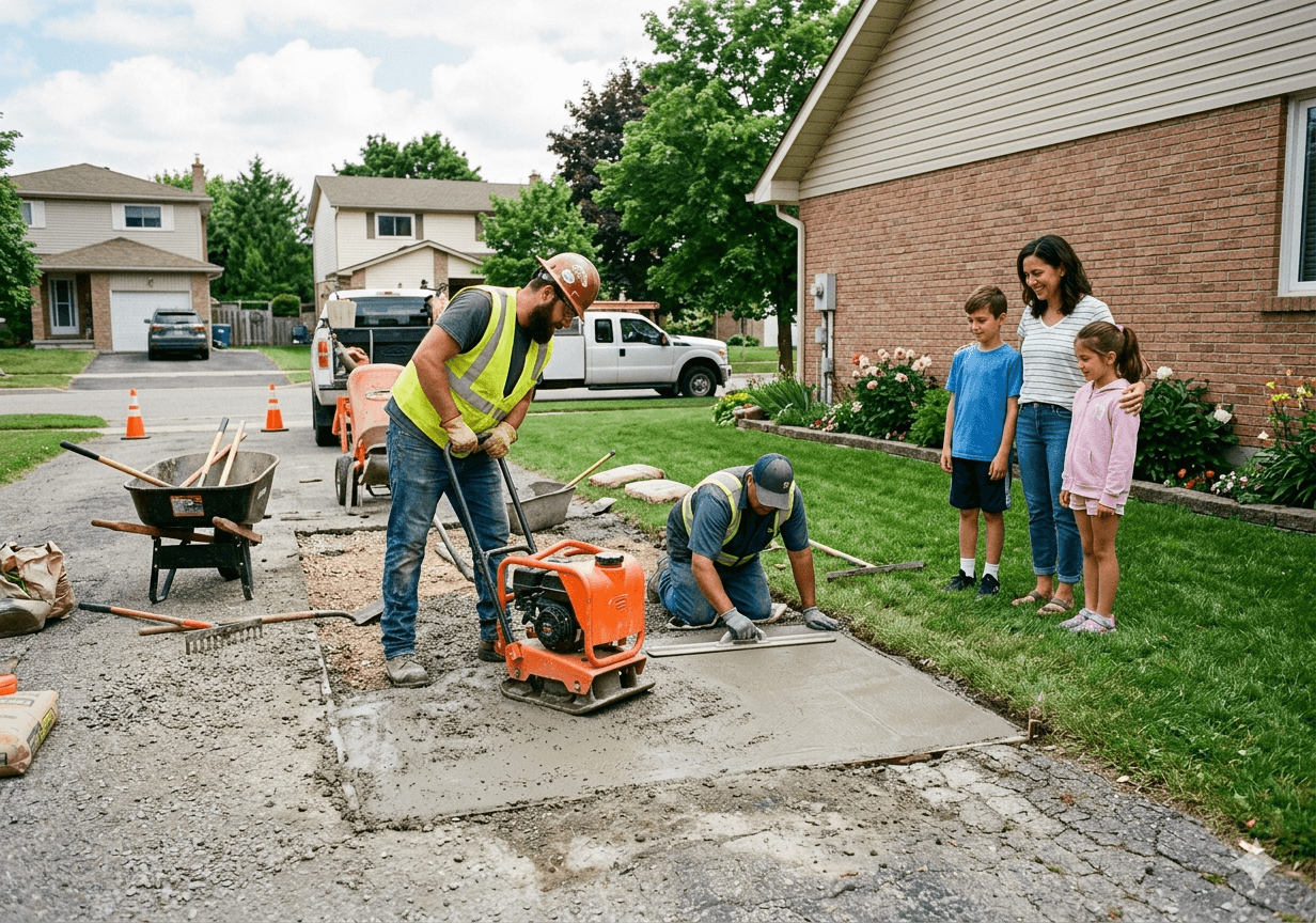 Person spreading black sealant on an asphalt driveway with a squeegee. The driveway borders green grass.