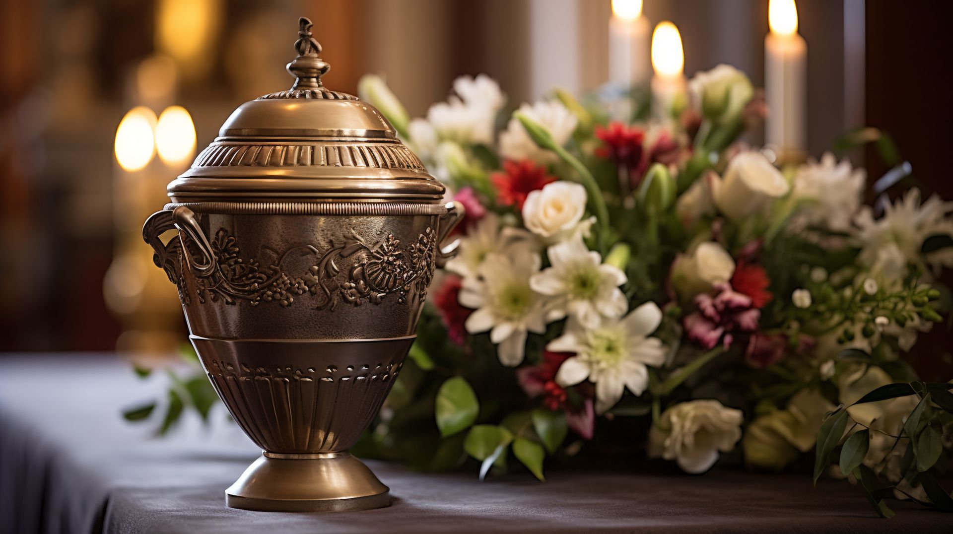 An ornate bronze funeral urn next to a floral arrangement and burning candles on an altar An ornate bronze funeral urn next to a floral arrangement and burning candles on an altar