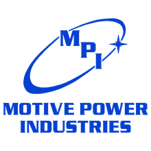 A blue and white logo for motive power industries