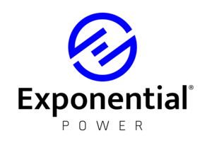 The logo for exponential power is blue and black on a white background.