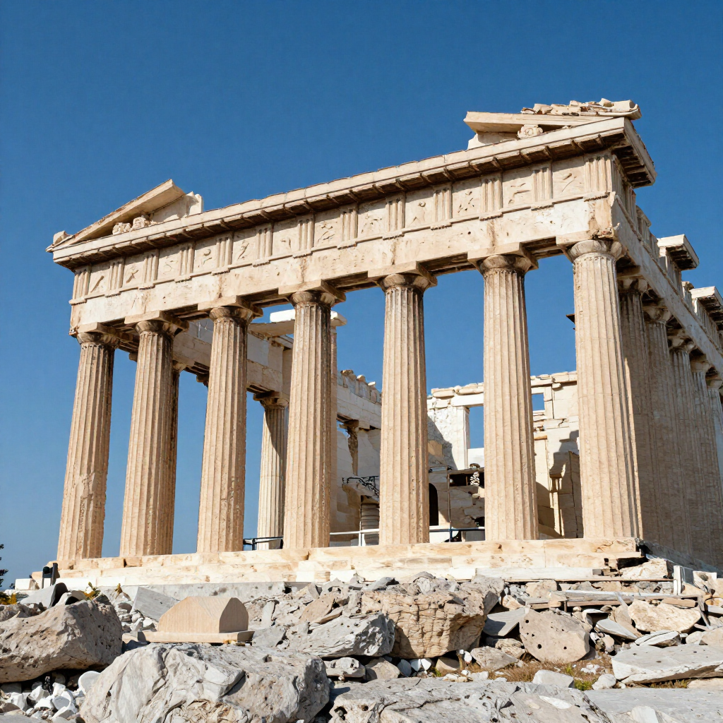 Ancient Greek temple ruins with tall stone columns under a clear blue sky