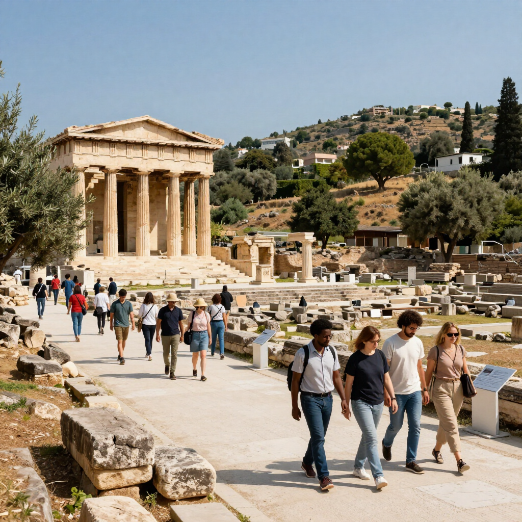 Tourists walking among ancient ruins with a stone temple and hillside village in the background