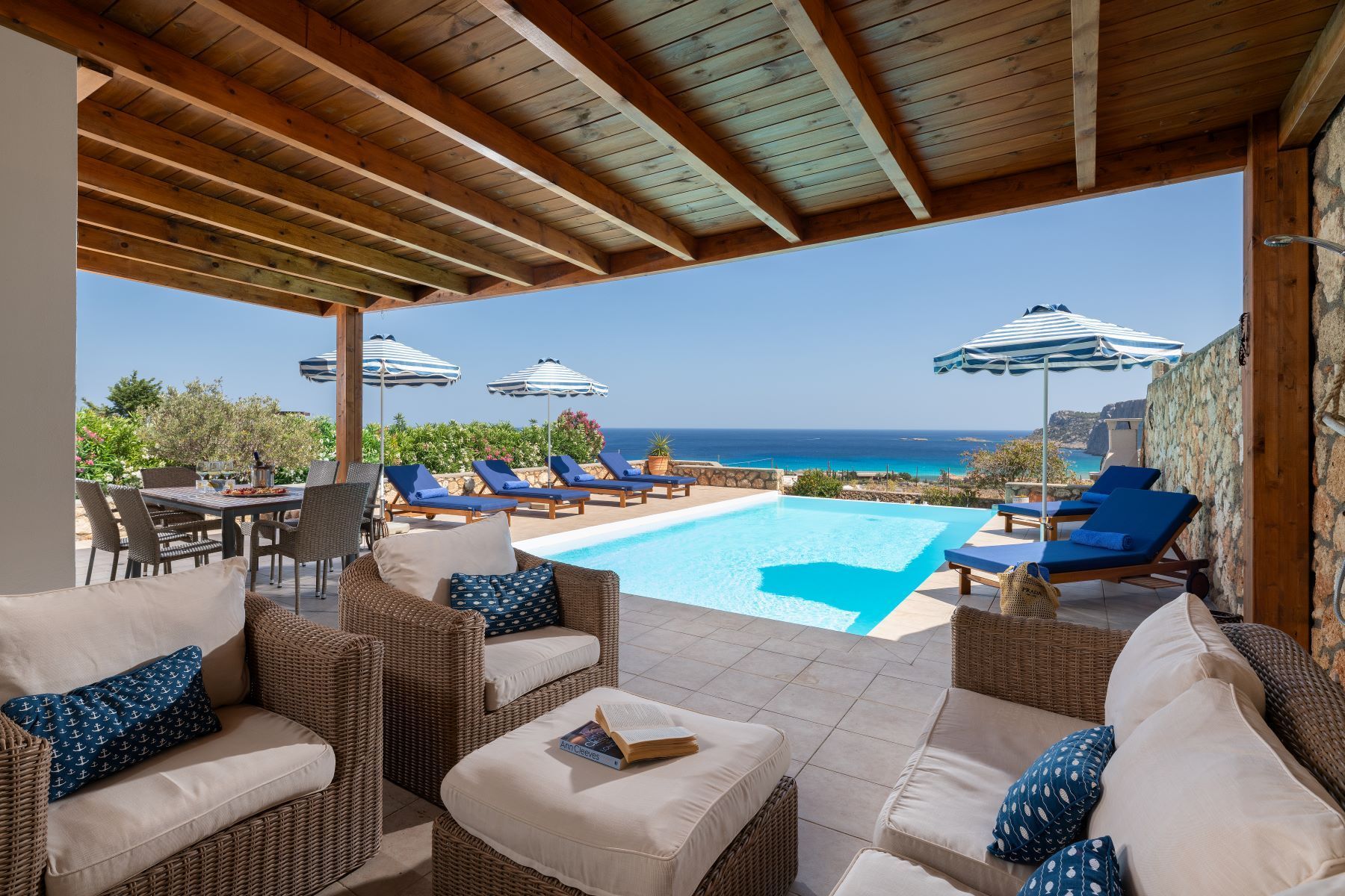 Covered patio overlooking a blue infinity pool and sea, with wicker seating and umbrellas in a sunny resort setting