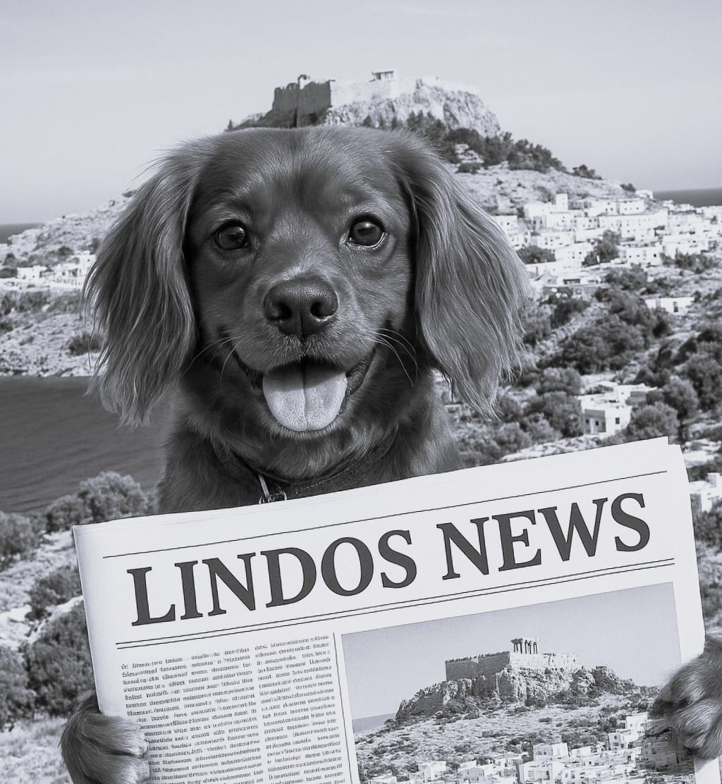 Black-and-white dog holding a LINDOS NEWS newspaper in front of a hillside scene
