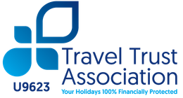Travel Trust Association logo with blue icon and text, U9623, Your Holidays 100% Financially Protected