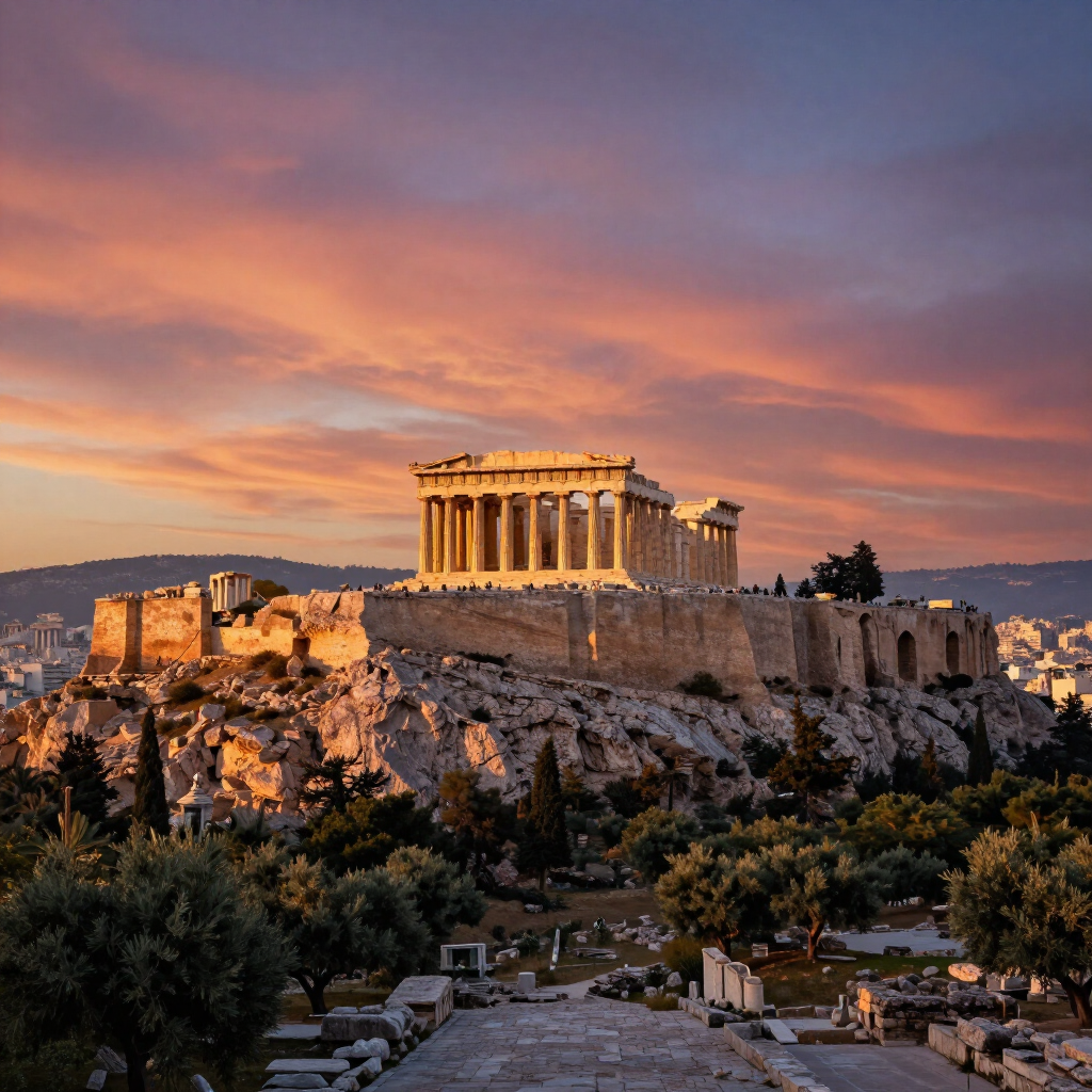 Acropolis of Athens at sunset, with the Parthenon glowing above the ancient stone fortress.