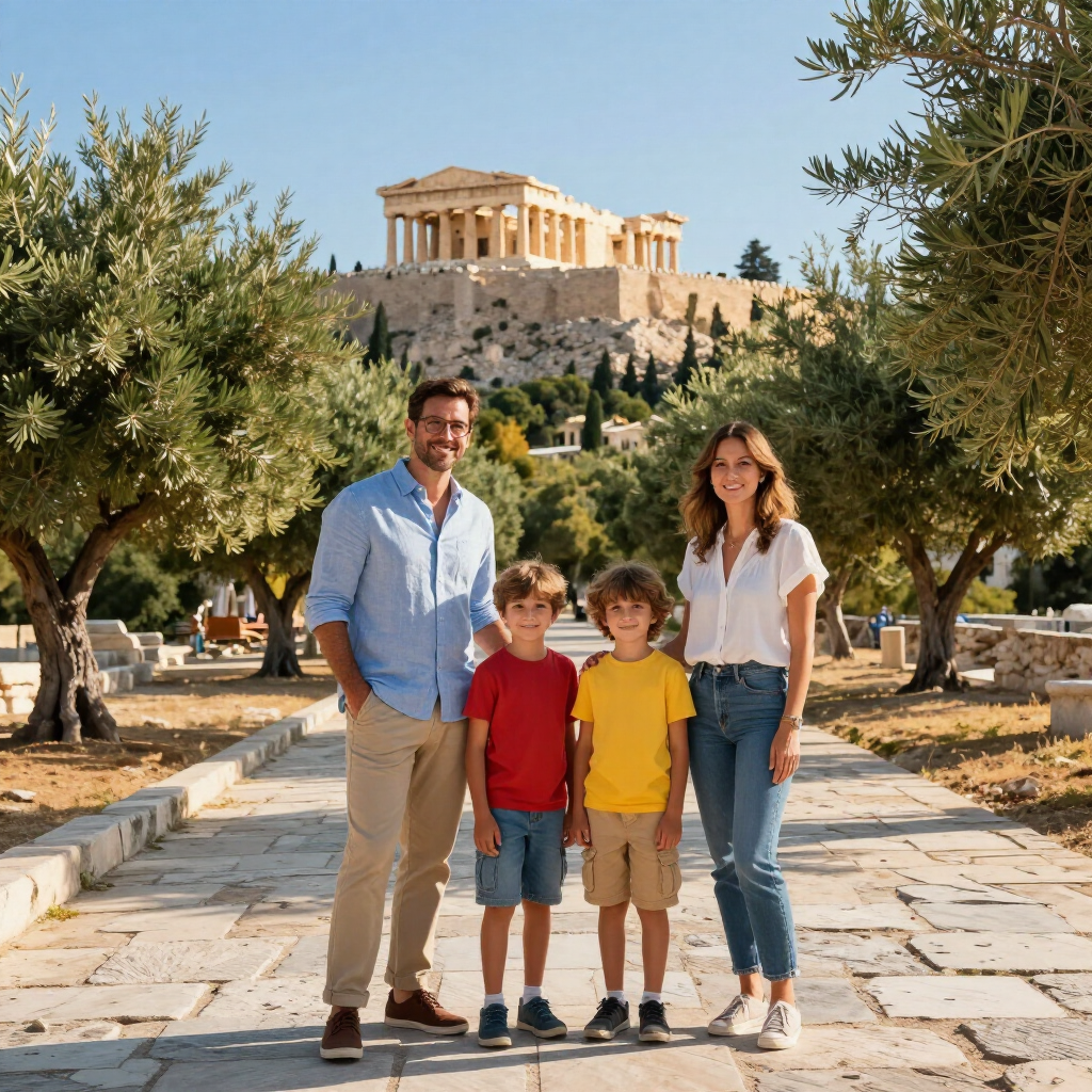 Family standing on a stone path with the Parthenon in the background, surrounded by olive trees.