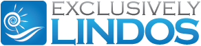 Exclusively Lindos logo with blue wave icon and blue-gray text on a white background