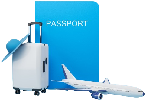 Passport, suitcase, and airplane on a blue travel-themed background