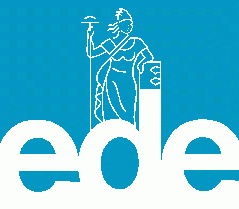 Een blauw-wit logo voor Ede met een standbeeld van een vrouw