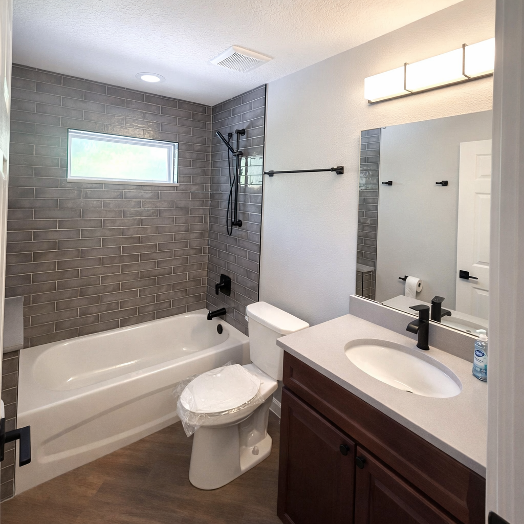 Modern bathroom with tub, toilet, sink vanity, and gray tile shower wall