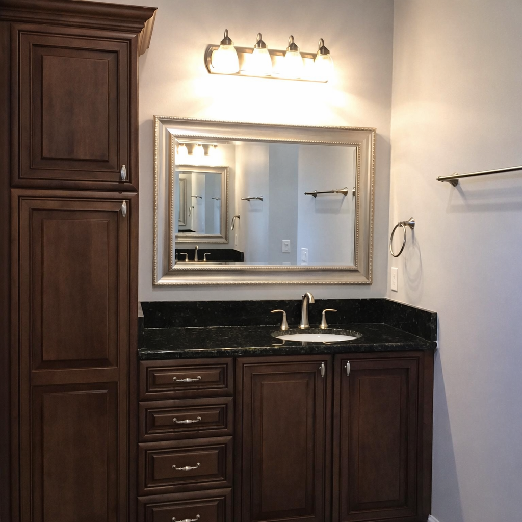 Bathroom vanity with dark wood cabinets, black countertop, mirror, sink, and wall light fixture